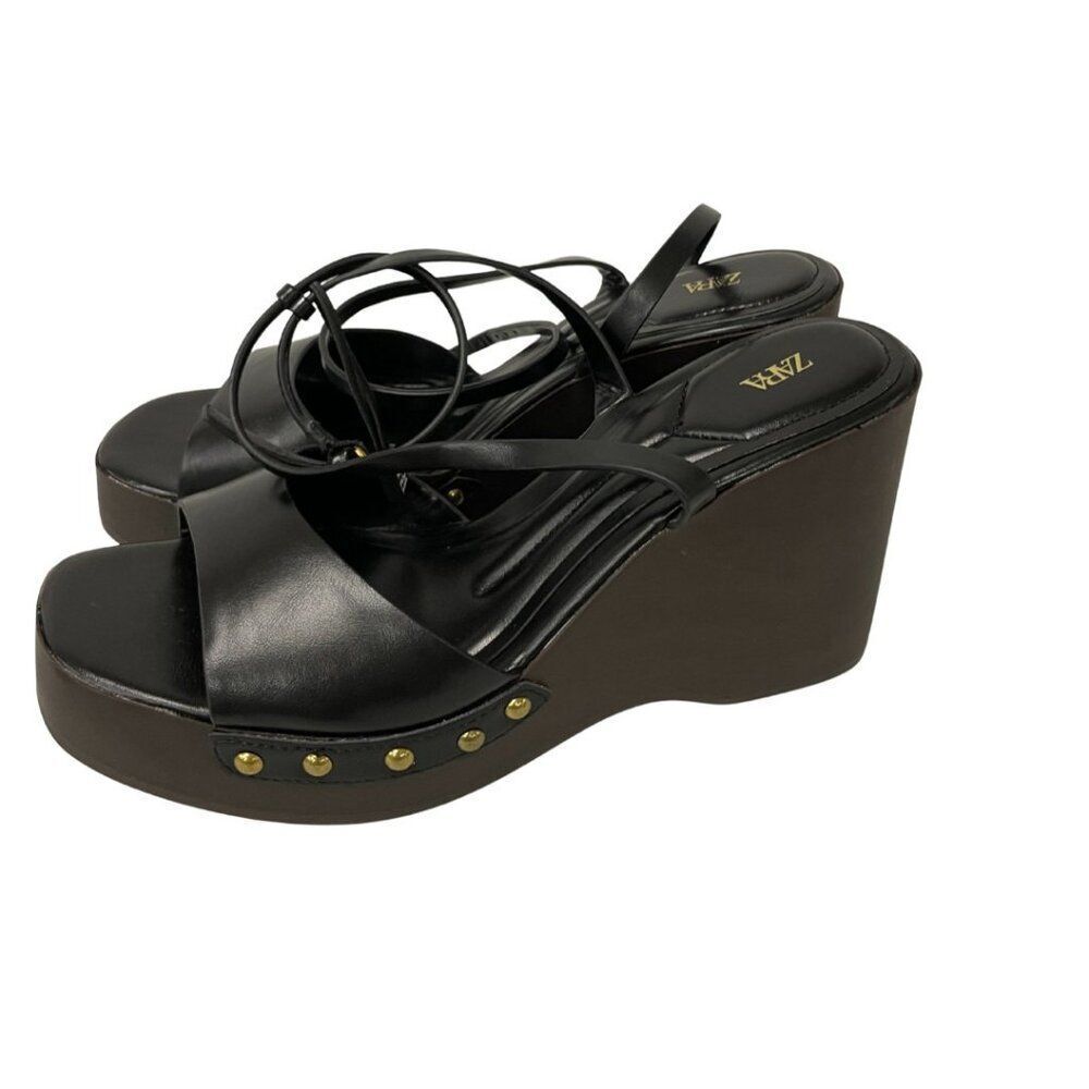 Zara Womens Studded Platform Heeled Sandals Size EU 40 US 9 Black Open Toe NWOB